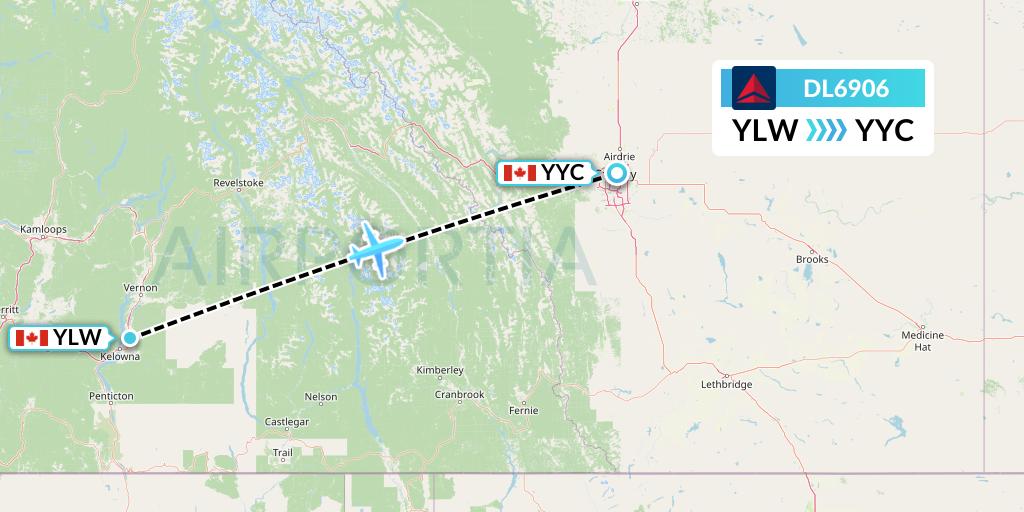 DL6906 Delta Air Lines Flight Map: Kelowna to Calgary