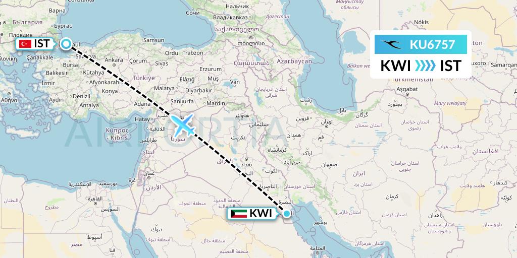 KU6757 Kuwait Airways Flight Map: Kuwait City to Istanbul