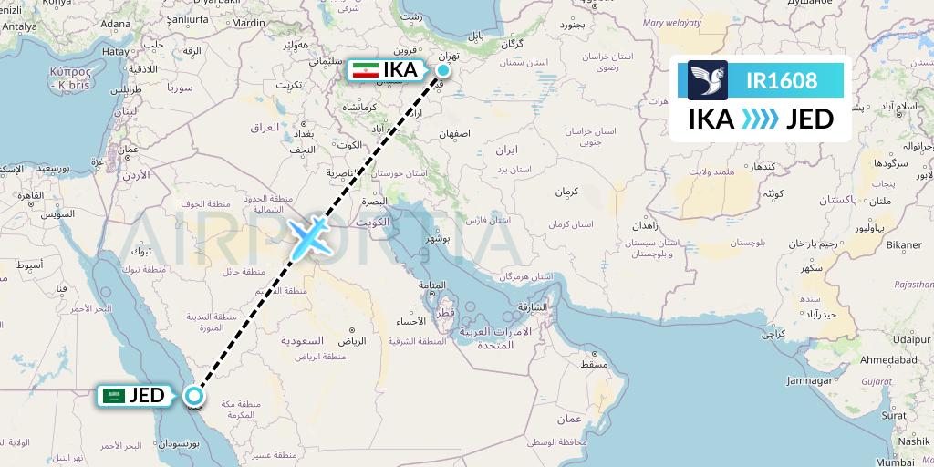 IR1608 Iran Air Flight Map: Tehran to Jeddah