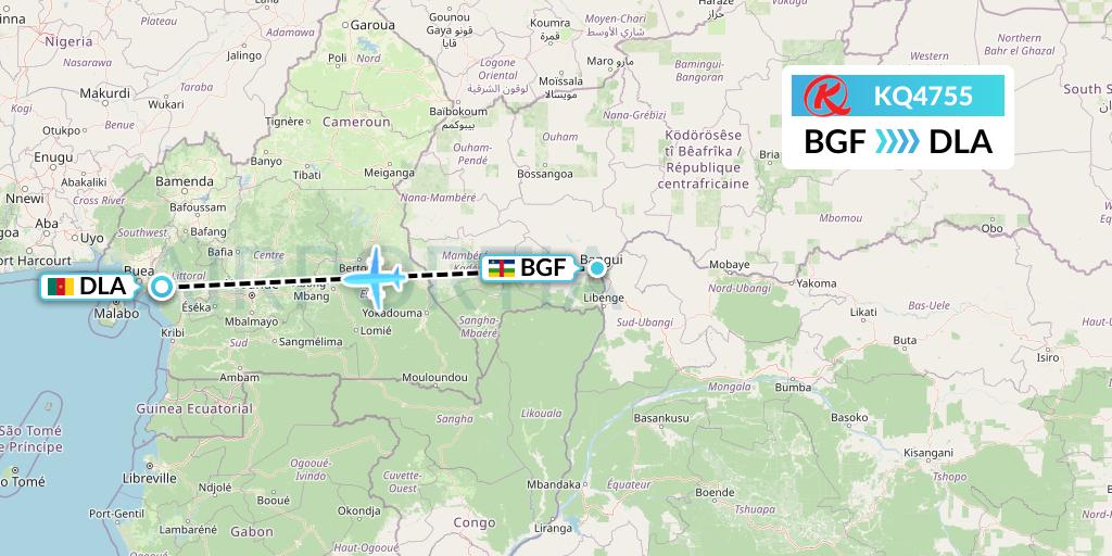 KQ4755 Kenya Airways Flight Map: Bangui to Douala