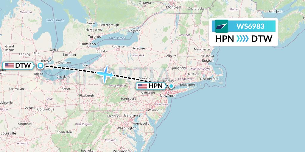 WS6983 WestJet Flight Map: White Plains to Detroit