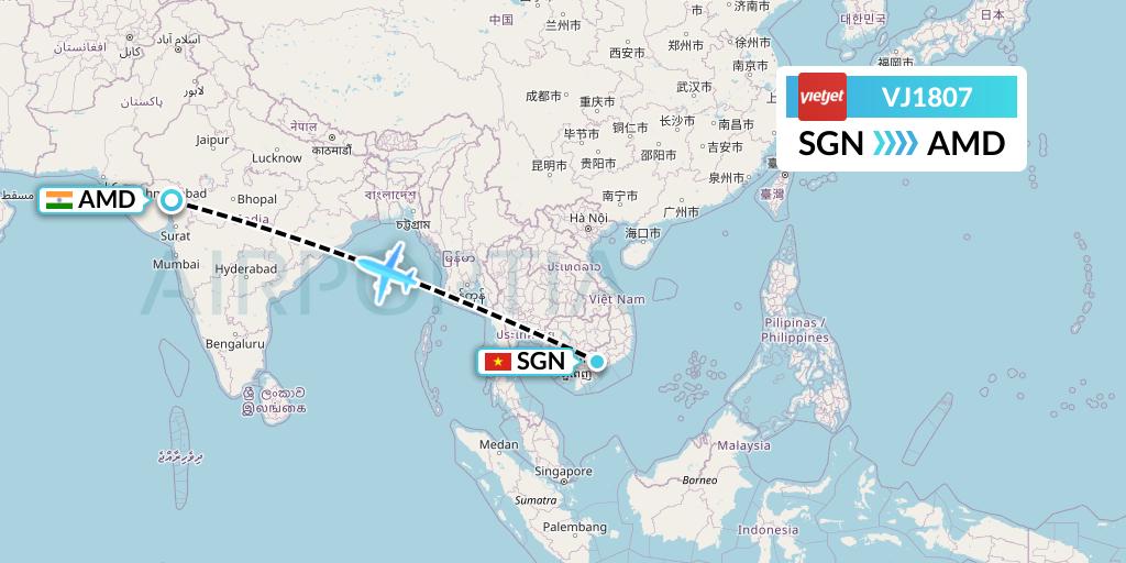 VJ1807 VietJet Air Flight Map: Ho Chi Minh City to Ahmedabad