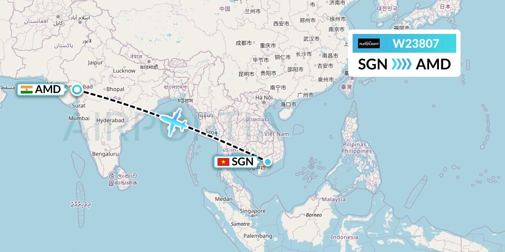 W23807 Flex Flight Flight Map: Ho Chi Minh City to Ahmedabad