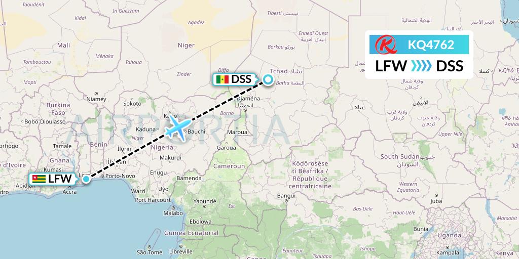 KQ4762 Kenya Airways Flight Map: Lome to Dakar