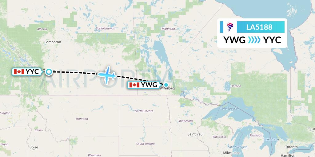 LA5188 LAN Airlines Flight Map: Winnipeg to Calgary