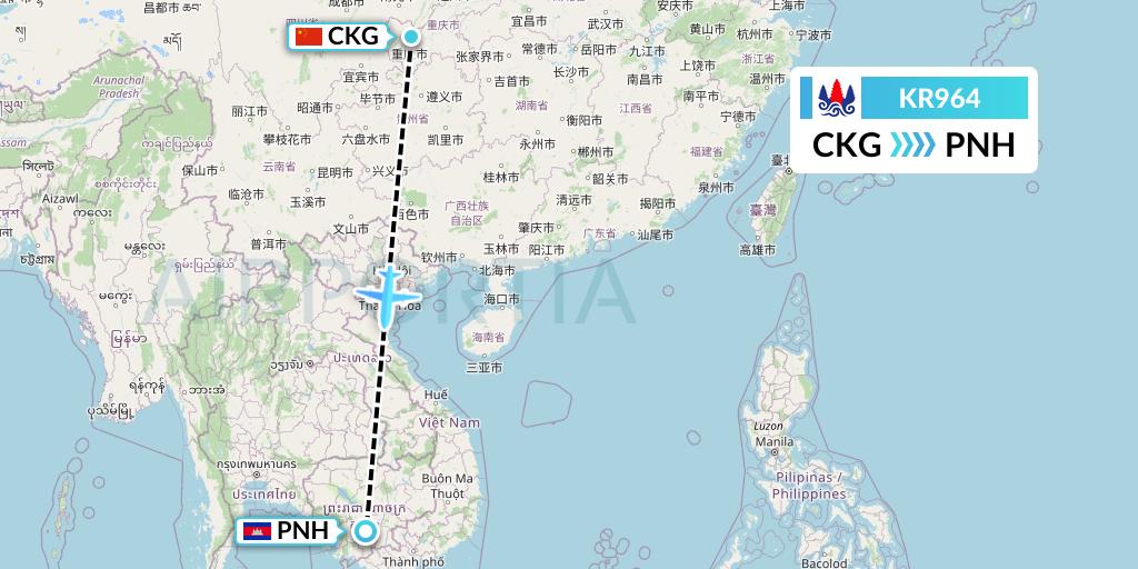 KR964 Cambodia Airways Flight Map: Chongqing to Phnom Penh
