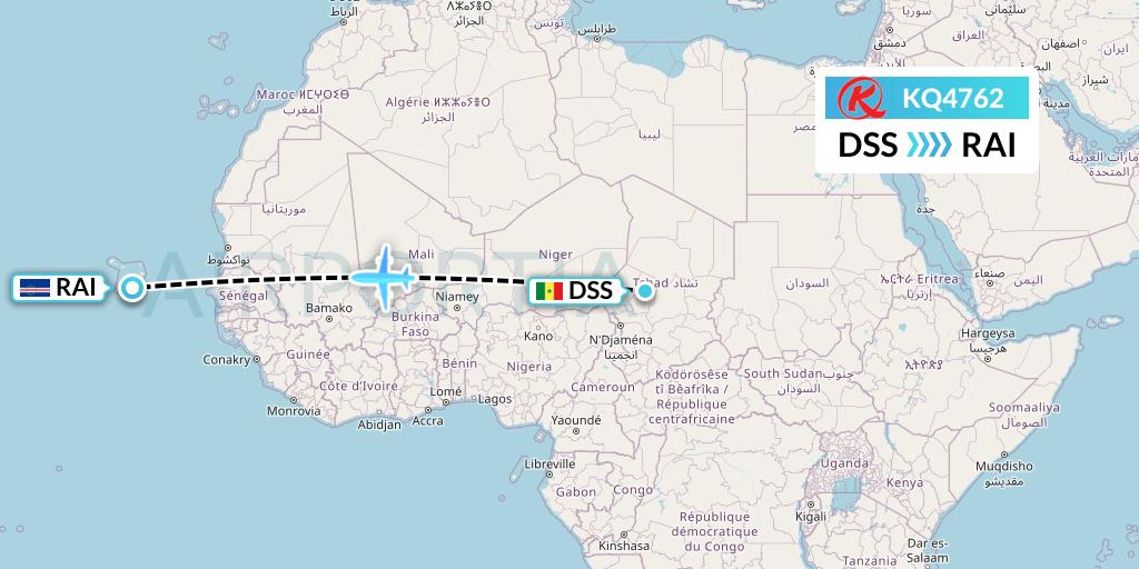 KQ4762 Kenya Airways Flight Map: Dakar to Praia