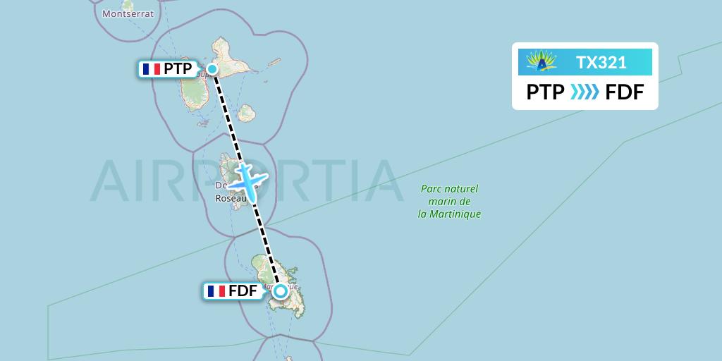 TX321 Air Caraibes Flight Map: Pointe-a-Pitre to Fort-de-France