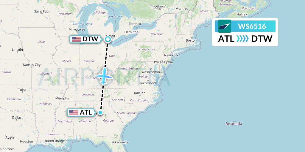 WS6516 WestJet Flight Map: Atlanta to Detroit