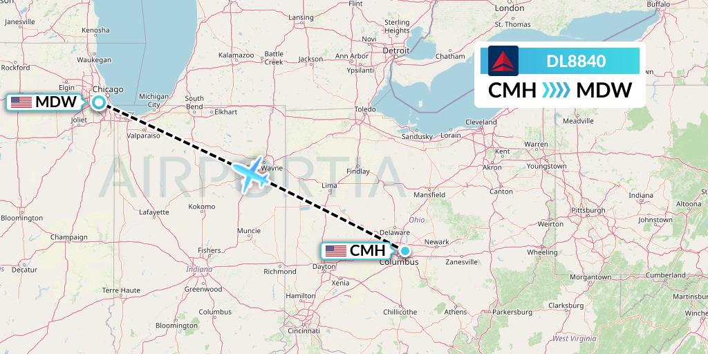 DL8840 Delta Air Lines Flight Map: Columbus to Chicago