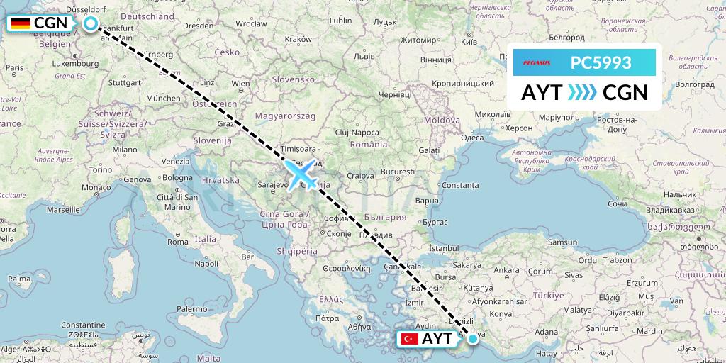 PC5993 Pegasus Airlines Flight Map: Antalya to Cologne
