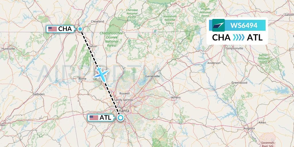 WS6494 WestJet Flight Map: Chattanooga to Atlanta