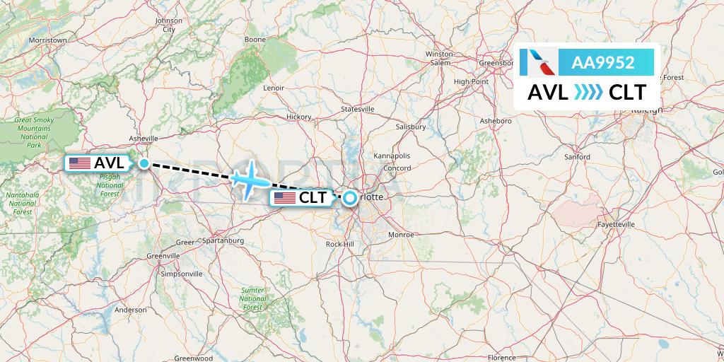 AA9952 American Airlines Flight Map: Asheville to Charlotte