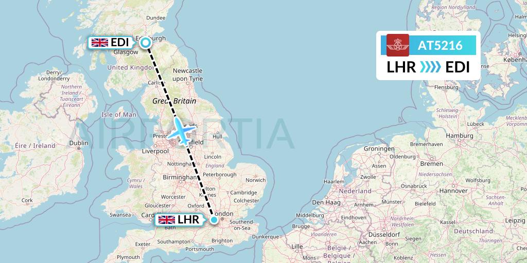 AT5216 Royal Air Maroc Flight Map: London to Edinburgh