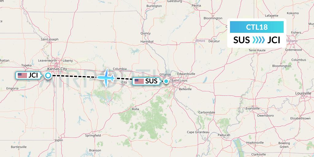 CTL18 Central Airlines Flight Map: St. Louis to Olathe