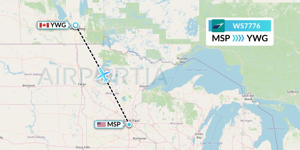WS7776 WestJet Flight Map: Minneapolis to Winnipeg