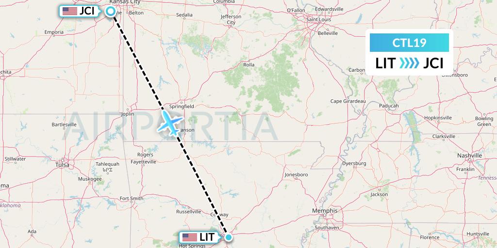 CTL19 Central Airlines Flight Map: Little Rock to Olathe