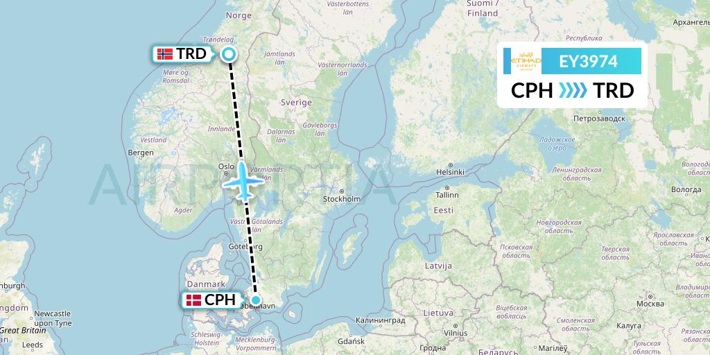 EY3974 Etihad Airways Flight Map: Copenhagen to Trondheim