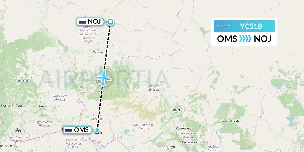 YC518 Yamal Airlines Flight Map: Omsk to Noyabrsk