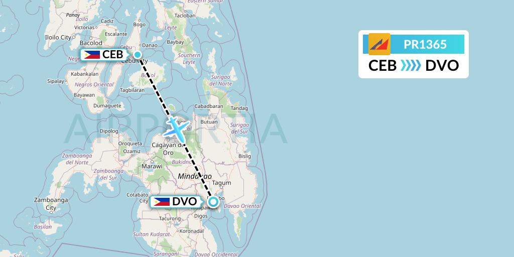 PR1365 Philippine Airlines Flight Map: Cebu to Davao City