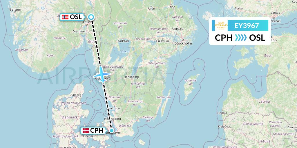 EY3967 Etihad Airways Flight Map: Copenhagen to Oslo