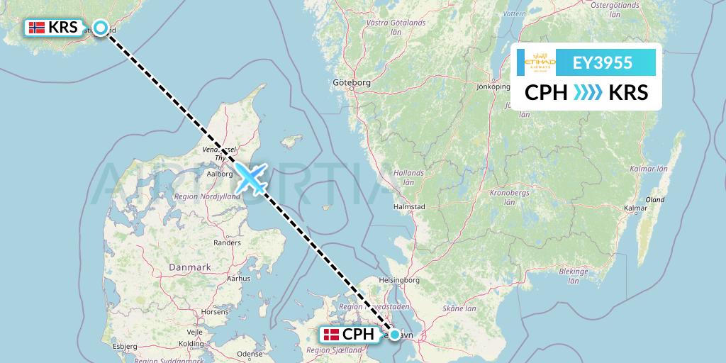EY3955 Etihad Airways Flight Map: Copenhagen to Kristiansand