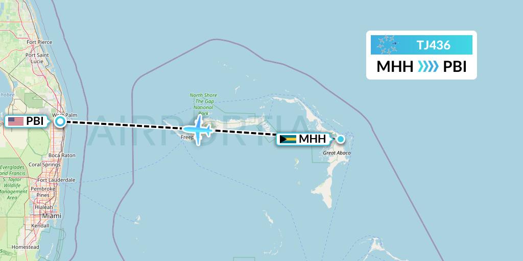 TJ436 Tradewind Aviation Flight Map: Marsh Harbour to West Palm Beach