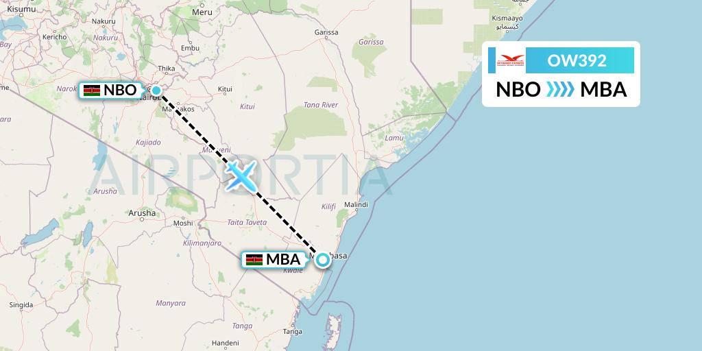 OW392 Skyward Express Flight Map: Nairobi to Mombasa
