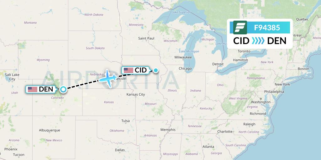 F94385 Frontier Airlines Flight Map: Cedar Rapids to Denver