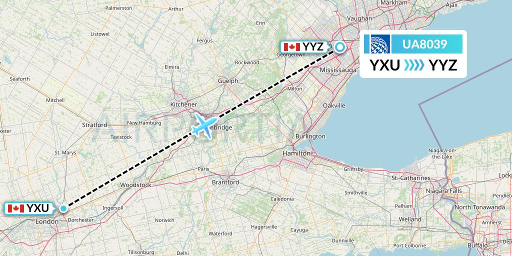 UA8039 United Airlines Flight Map: London to Toronto