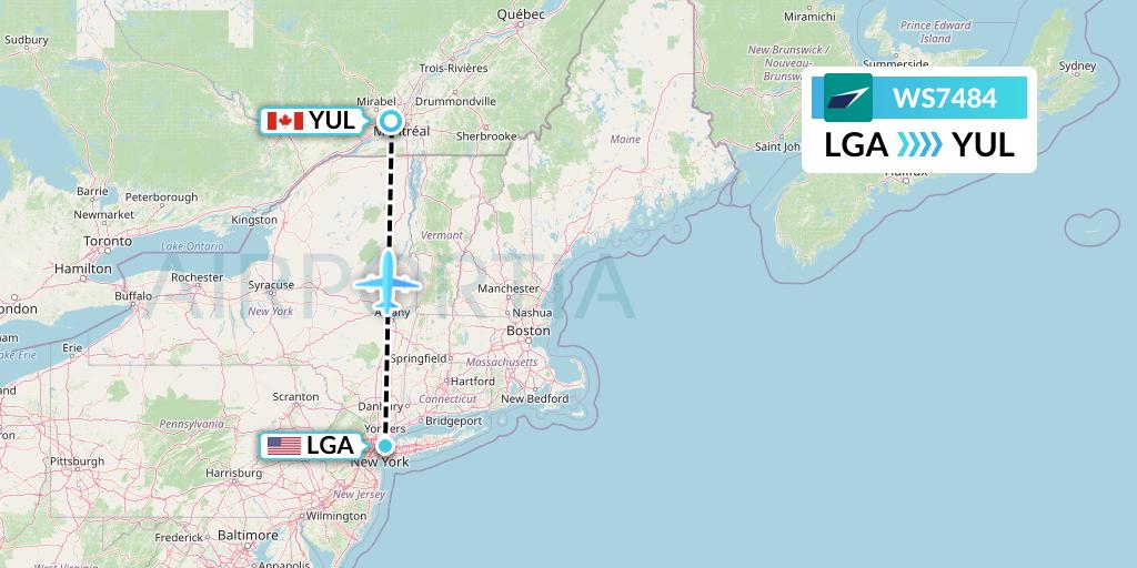 WS7484 WestJet Flight Map: New York to Montreal