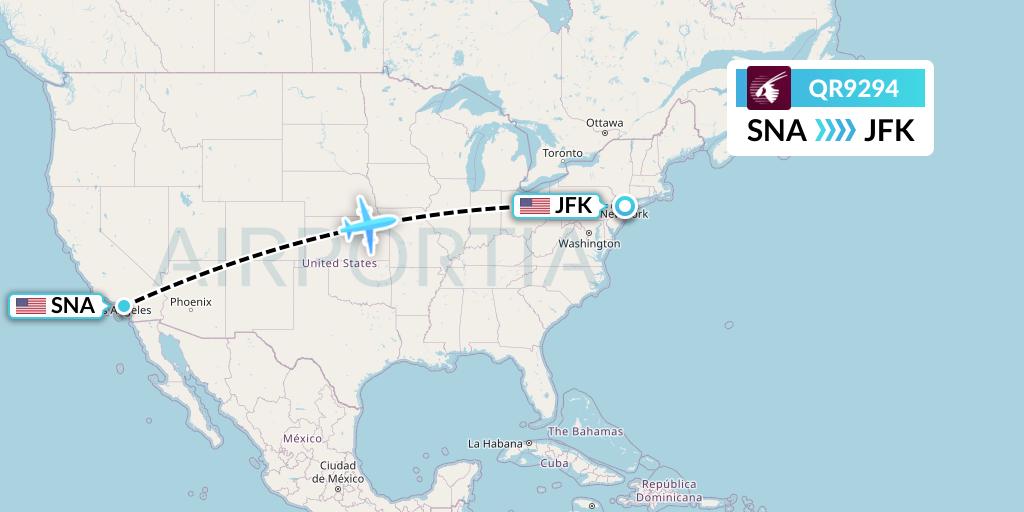 QR9294 Qatar Airways Flight Map: Orange County to New York