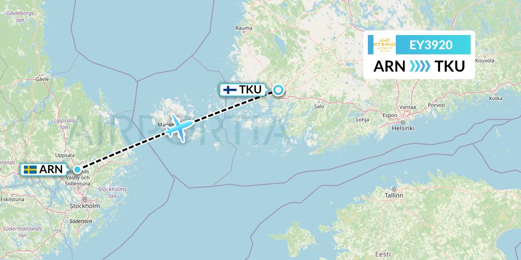 EY3920 Etihad Airways Flight Map: Stockholm to Turku