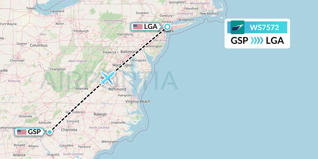 WS7572 WestJet Flight Map: Greenville-Spartanburg to New York
