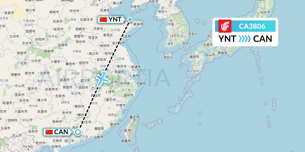 CA3806 Air China Flight Map: Yantai to Guangzhou