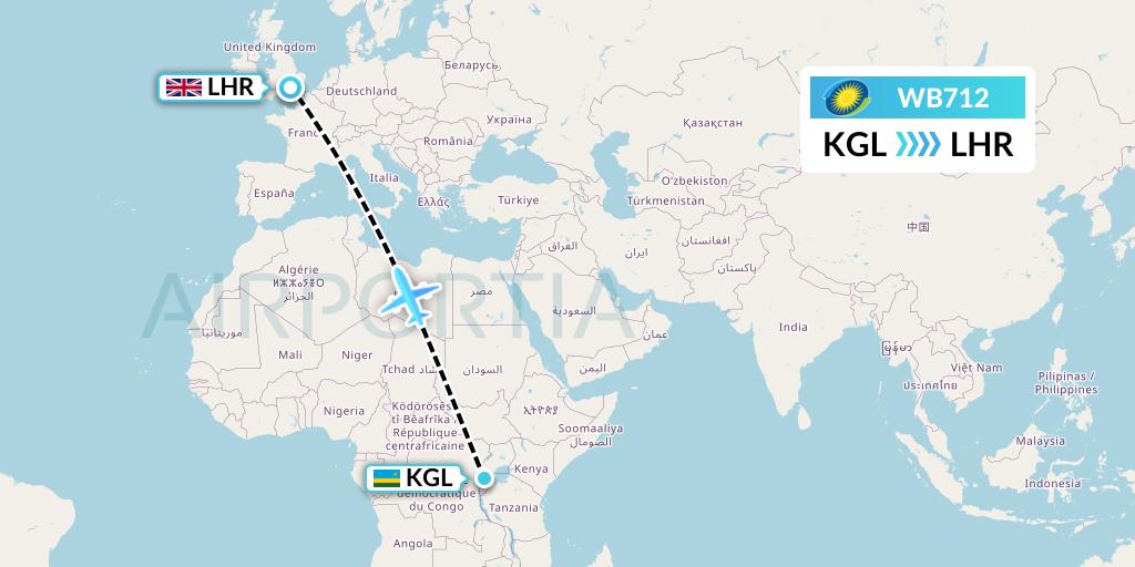 WB712 RwandAir Flight Map: Kigali to London