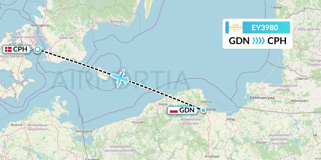 EY3980 Etihad Airways Flight Map: Gdansk to Copenhagen