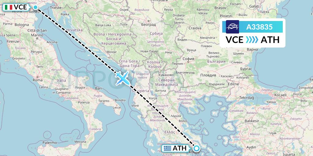 A33835 Aegean Airlines Flight Map: Venice to Athens
