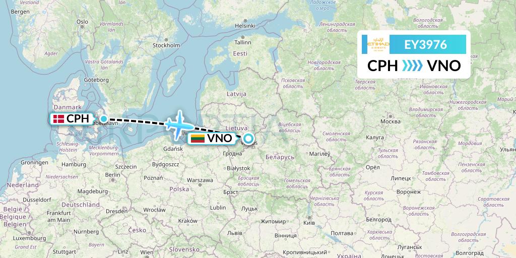 EY3976 Etihad Airways Flight Map: Copenhagen to Vilnius