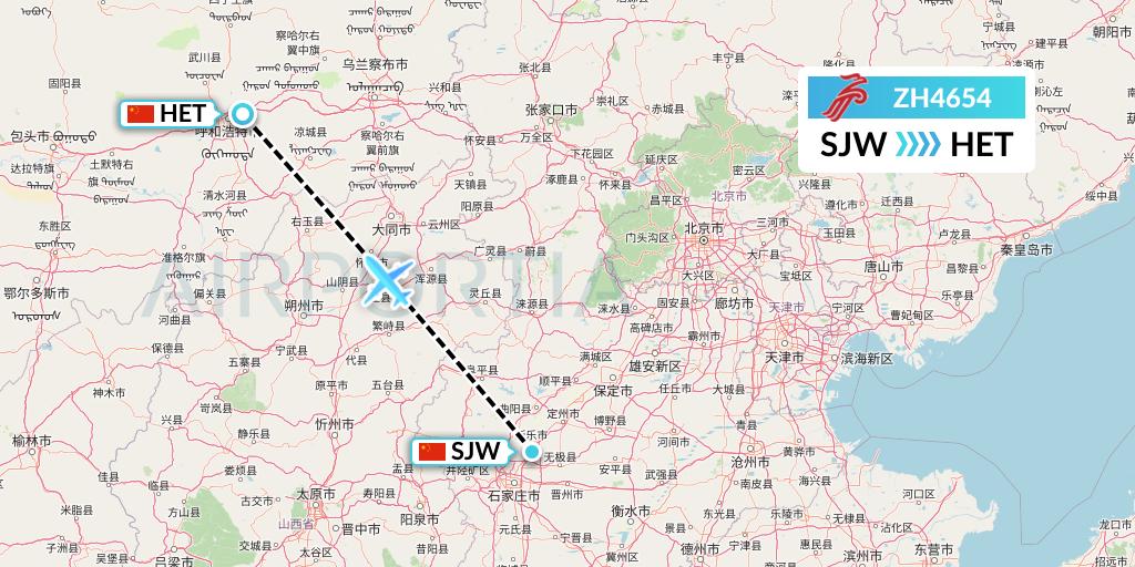 ZH4654 Shenzhen Airlines Flight Map: Shijiazhuang to Hohhot