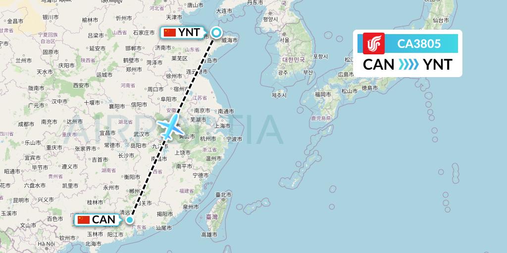 CA3805 Air China Flight Map: Guangzhou to Yantai