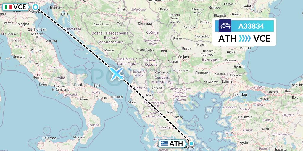 A33834 Aegean Airlines Flight Map: Athens to Venice