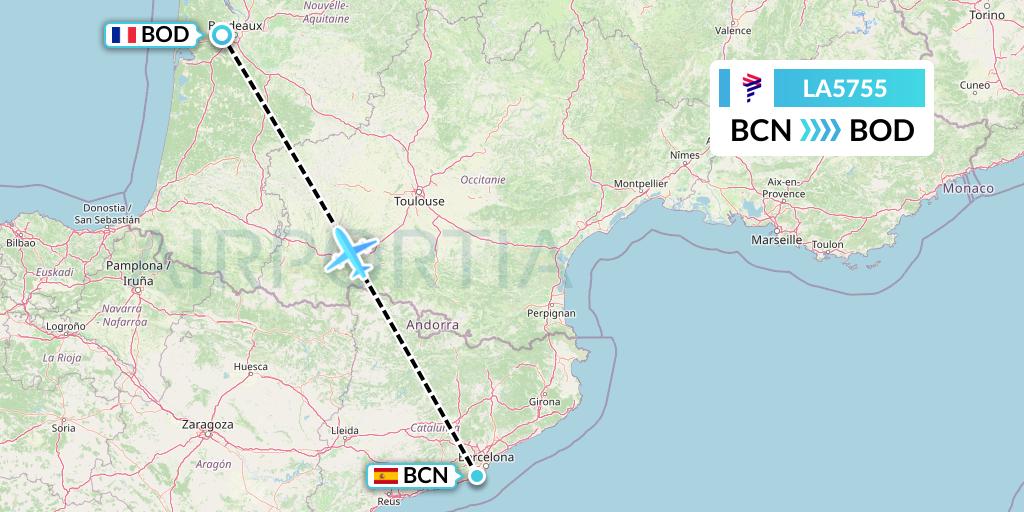 LA5755 LAN Airlines Flight Map: Barcelona to Bordeaux