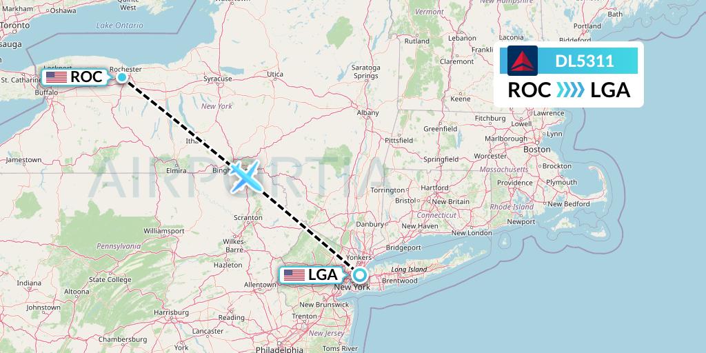 DL5311 Delta Air Lines Flight Map: Rochester to New York