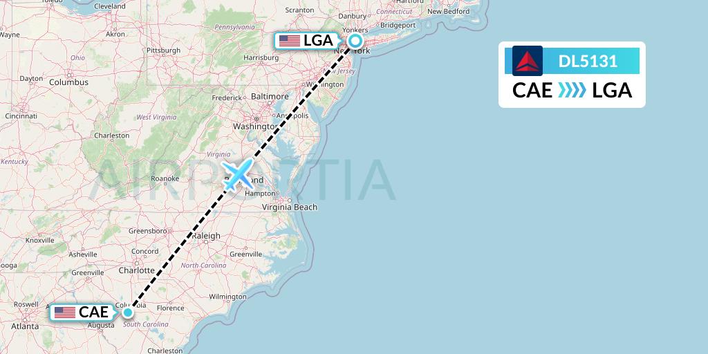 DL5131 Delta Air Lines Flight Map: Columbia to New York
