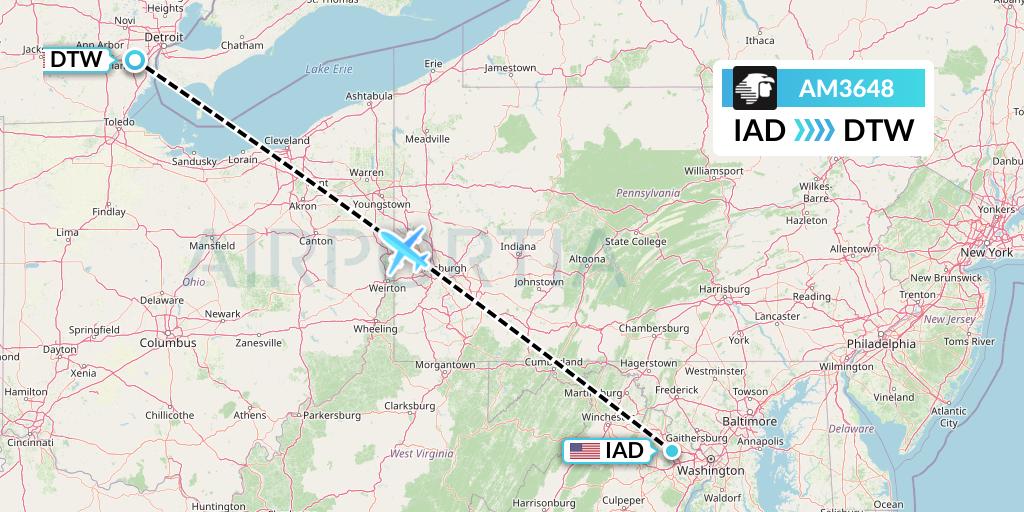 AM3648 Aeromexico Flight Map: Washington to Detroit