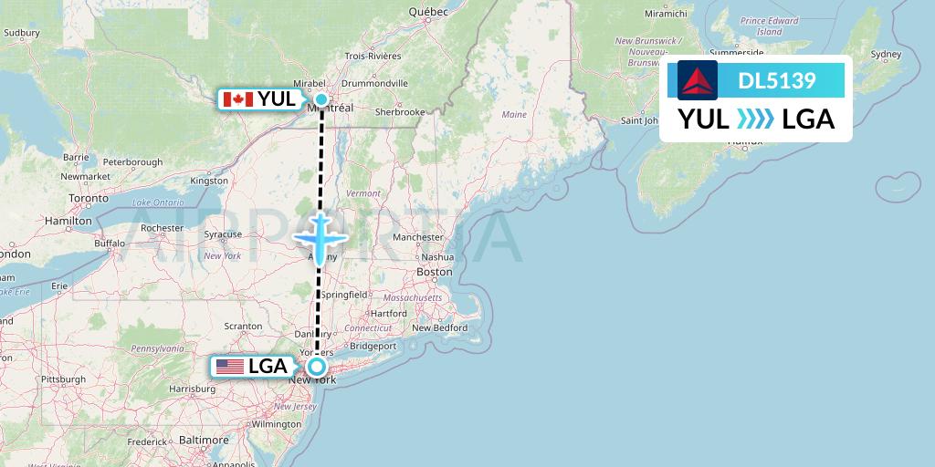 DL5139 Delta Air Lines Flight Map: Montreal to New York