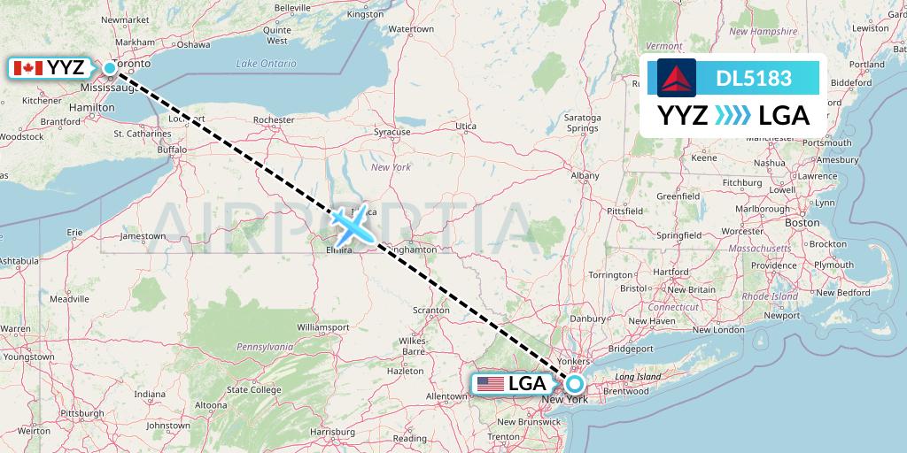 DL5183 Delta Air Lines Flight Map: Toronto to New York