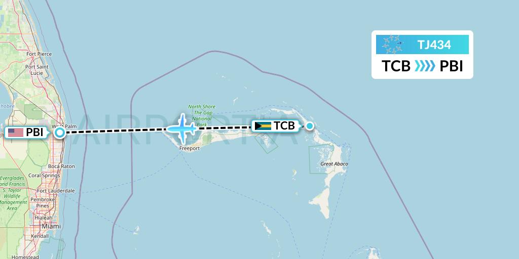 TJ434 Tradewind Aviation Flight Map: Treasure Cay to West Palm Beach