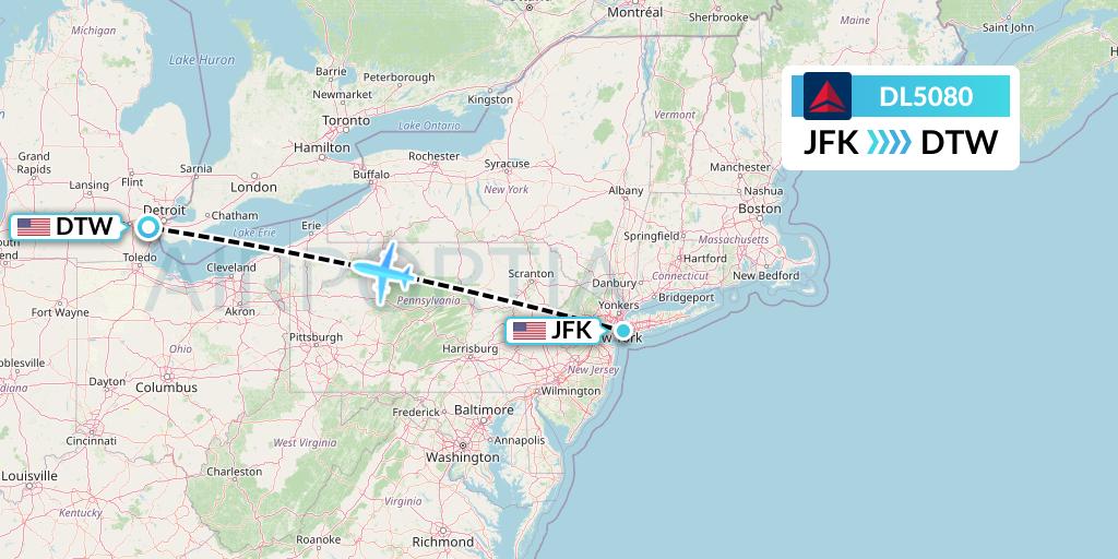 DL5080 Delta Air Lines Flight Map: New York to Detroit
